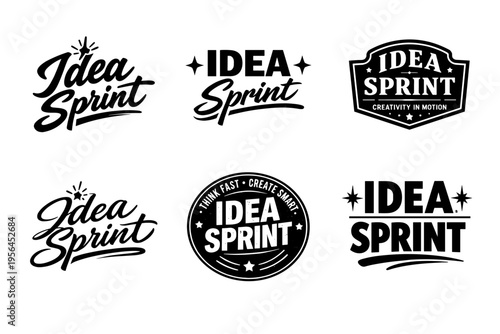 Collection of vintage-style idea sprint logos in black and white