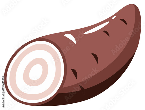 Isometric Sweet Potato Cut Open with Cross Section Revealing Light Flesh Color Texture