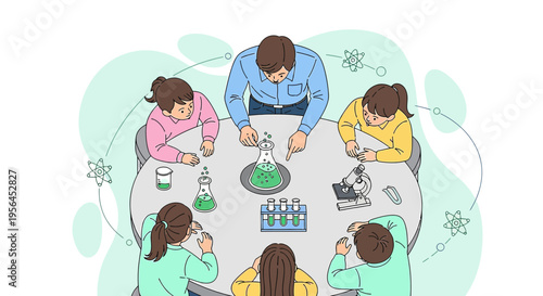 Engaging chemistry lesson, diverse young students learn practical science with teacher  and