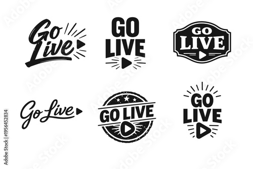 Diverse "go live" logo designs with play buttons and dynamic typography