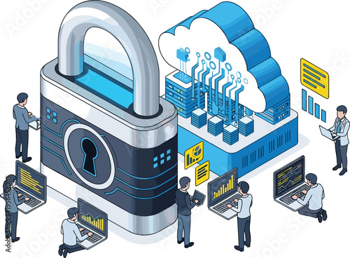 Isometric Cybersecurity Team Working on Laptops Around a Giant Padlock and Cloud Server Representing Data Protection Network Security and Privacy