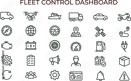 Fleet control dashboard outline icon set with vehicle tracking navigation analytics maintenance logistics interface symbols for transportation management applications