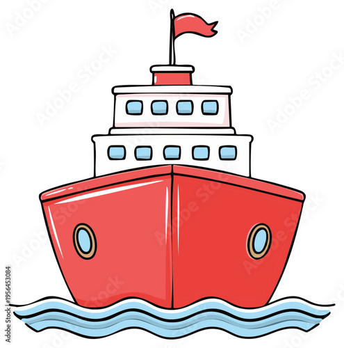 Front view of a red cruise ship sailing with a flag in cartoon style on water surface