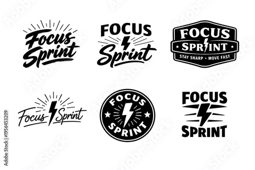 Focus sprint logos: bold typography and lightning bolt design variations