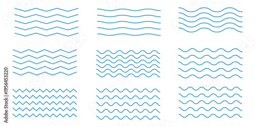 Water waves. Set of wavy zigzag lines. Wave thin line background. Vector zigzag and wavy horizontal underline. Vector illustration modern eps.10