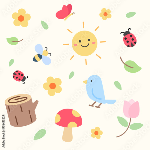 Cute nature vector elements. Cartoon sun, bird, bee, ladybugs, flowers, leaves, mushroom and tree stump on soft neutral background. Playful kids theme.
