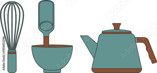 A collection of teal and brown kitchen tools including a whisk a mixing bowl and a classic kettle