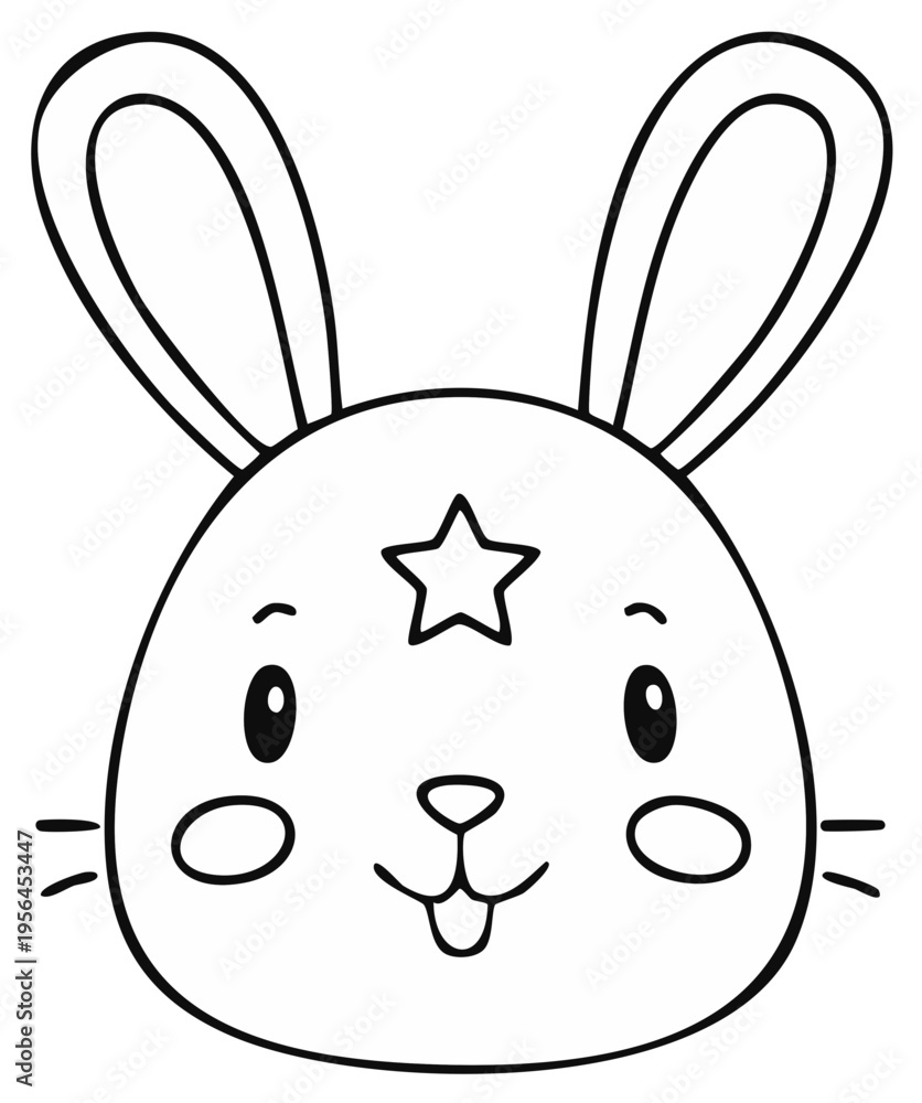 Obraz premium Cartoon rabbit face with a star on its forehead, outlined in black, happy expression