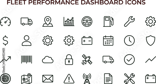 Fleet performance dashboard outline icon set with vehicle analytics maintenance tracking finance security interface symbols for logistics applications