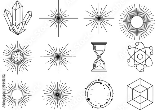 Collection of twelve black-and-white geometric and scientific line art illustrations including crystals, starbursts, atomic models, hourglass, cube, and radial symmetry patterns