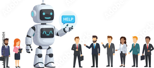 Large AI Robot Offering Digital Help and Support to a Group of Business Professionals in a Modern Corporate Office Setting