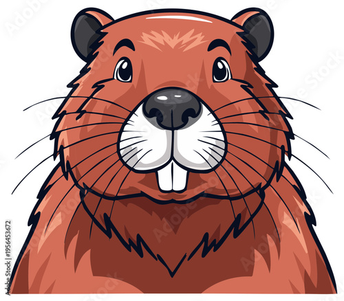 Friendly cartoon beaver head illustration with big buck teeth and whiskers. Cute animal character mascot design.