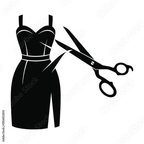 Black silhouette of dress with scissors cutting fabric tailoring and fashion design concept