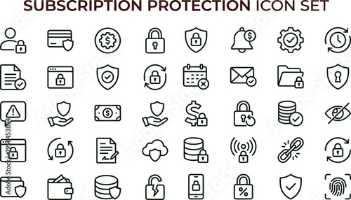 Subscription protection outline icon set featuring security privacy payment verification lock shield interface symbols for business applications