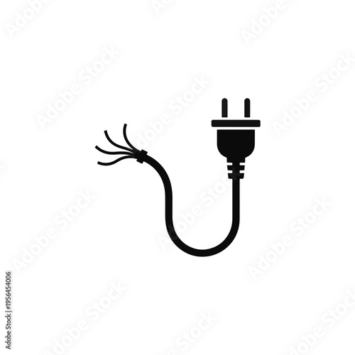 Frayed power cord and plug silhouette. Broken electrical wire hazard concept. Solid black vector illustration isolated on transparent background