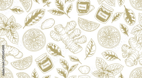 Seamless pattern featuring hand drawn ginger roots honey jars citrus slices and fresh mint leaves