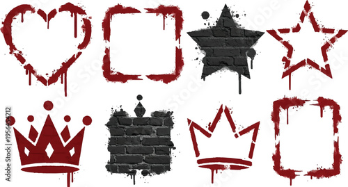 A set of distressed stencil art including red hearts, stars, crowns, and frames with realistic paint drips. Features a gritty, urban aesthetic with brick-textured accents and splatter effects.