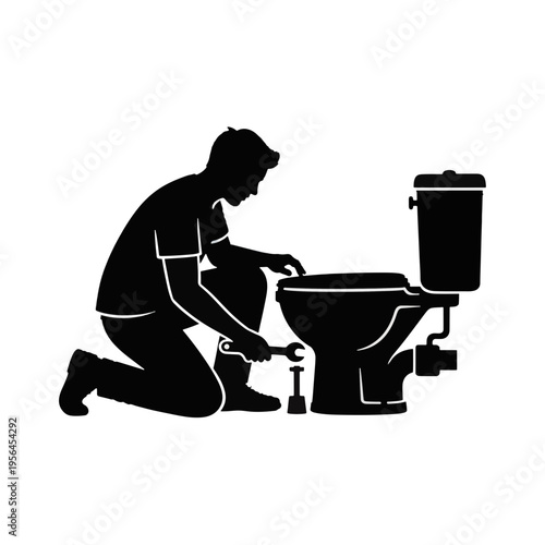 Man repairing a toilet silhouette. Plumber fixing bathroom plumbing icon. Vector illustration for home maintenance and handyman services