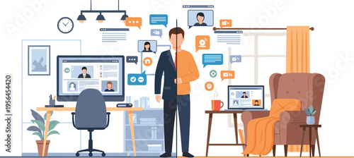 Split Illustration of a Professional Businessman Balancing Work Life Between a Modern Corporate Office and a Comfortable Home Office Workspace