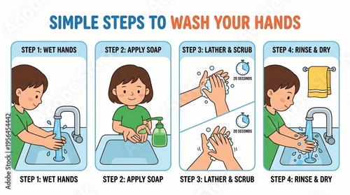 A young girl demonstrates proper handwashing technique with soap and water at a sink