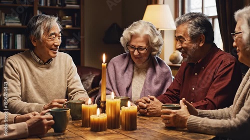 A group of diverse friends sitting around a wooden table lit by candles