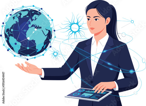 Successful Businesswoman Managing Global Digital Network Connections and Data Analytics on a Futuristic Tablet Interface with a Holographic World Map