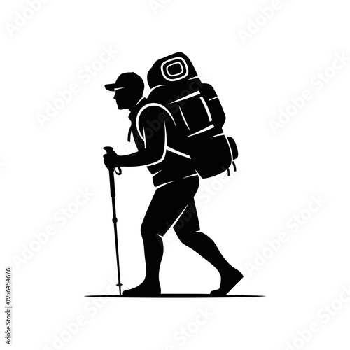 hiker silhouette walking with trekking poles and backpack