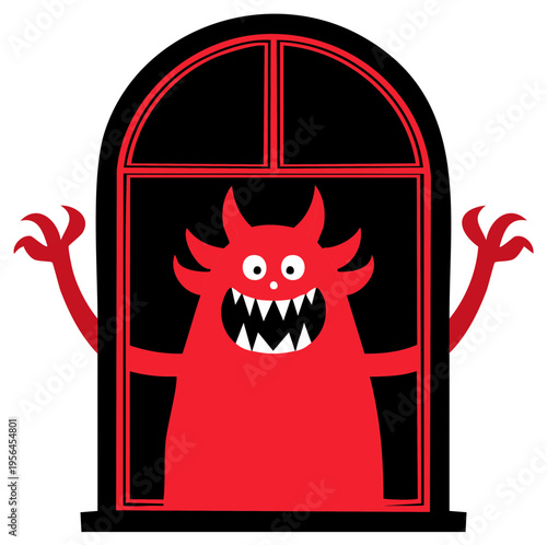 Red monster with horns and sharp teeth peers from the window on Halloween night for trick or treat scary celebration