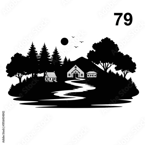 serene park landscape with house and trees silhouette
