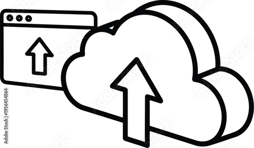 A black and white line art icon representing the process of uploading data to a cloud server system