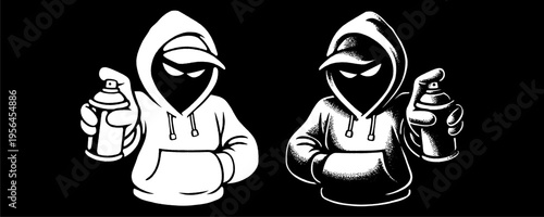 Symmetrical White Silhouette of Two Graffiti Artist Mascots Holding Spray Cans for Streetwear Logo.