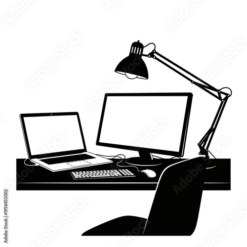remote work home office setup with laptop and desktop computer