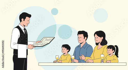 Family dining at a restaurant with menu presented by a waiter in a bright modern setting