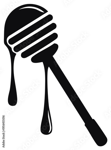 Honey dipper with dripping liquid in a minimalist black and white silhouette on white.