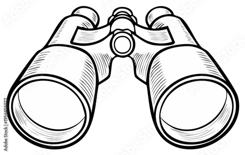 Detailed black and white illustration of a pair of binoculars