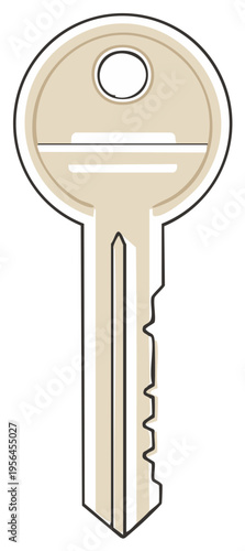 Simple isolated beige metal key on white. The key contains teeth cuts and hole on top. A security and lock concept. Simple outlined vector illustration.