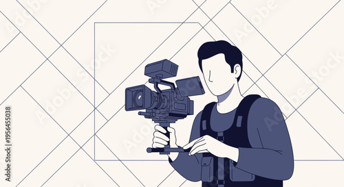 Faceless filmmaker holding professional camera with artistic geometric background design