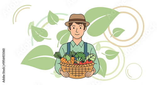 Farmer illustration carrying basket of fresh harvested organic vegetables and surrounded by
