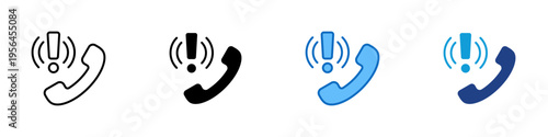 Call Alert Multiple Style Icon Design Vector - Phone handset with exclamation mark representing incoming call warning, communication alert, and urgent contact