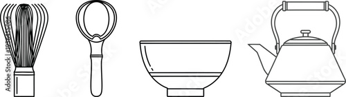 A collection of black and white line art icons representing traditional japanese matcha tea tools