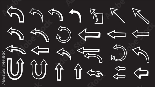 A comprehensive collection of white-bordered arrow icons featuring various styles such as straight, U-turn, curved, and looping directional pointers.