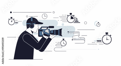 Filmmaker in action capturing dynamic moving shots with timing elements on a modern background