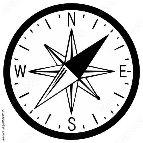 Graphic representation of a nautical compass rose with directional points N S E W for navigation and exploration
