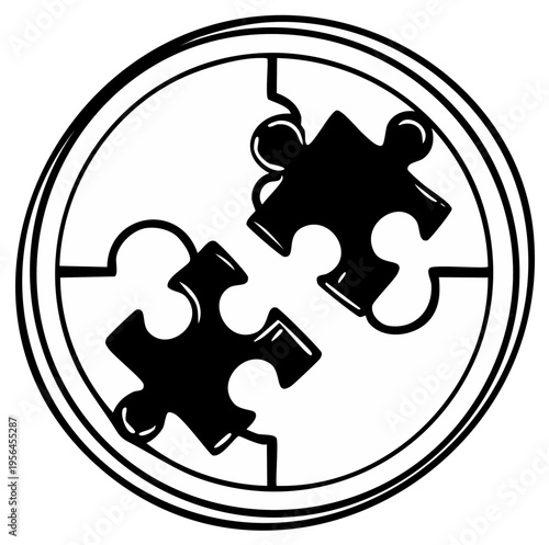 Two disconnected puzzle pieces inside a circular frame symbolizing partnership and teamwork