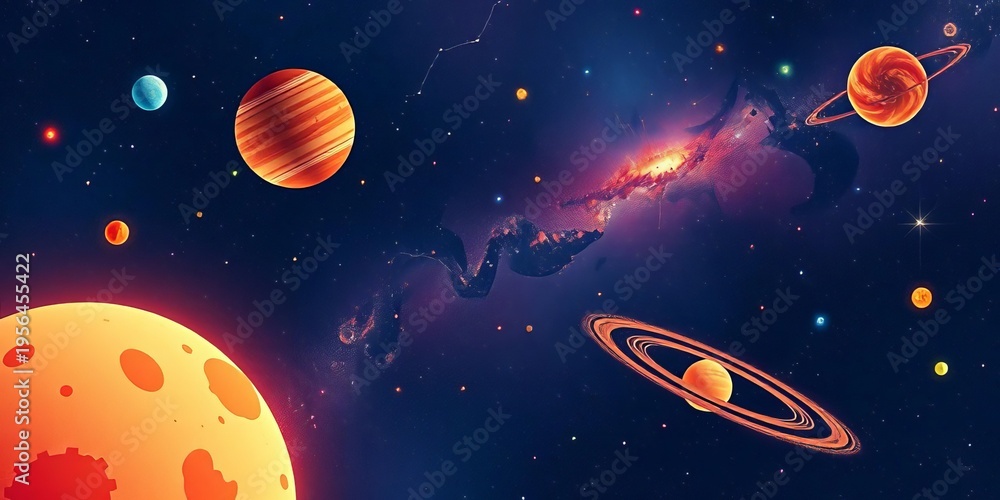 Naklejka premium Stylized celestial bodies, constellations, and galaxies rendered in a vibrant, minimalist design, cosmic, nebula