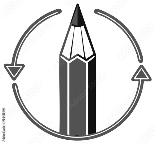 Pencil icon rotating with arrows in a circular motion representing creativity or editing process in a clean symbol