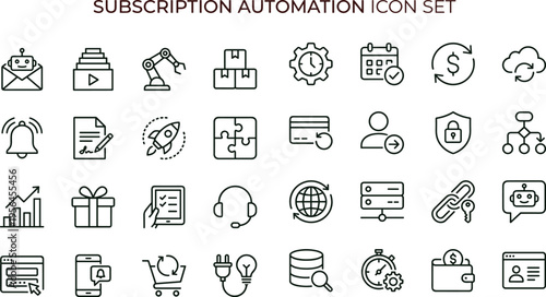 Subscription automation outline icon set featuring workflow analytics billing integration dashboard interface symbols for software business applications