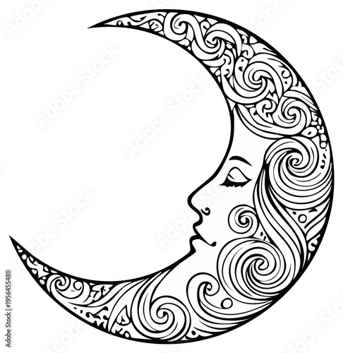 Ornate Crescent Moon with Woman's Profile and Swirling Patterns