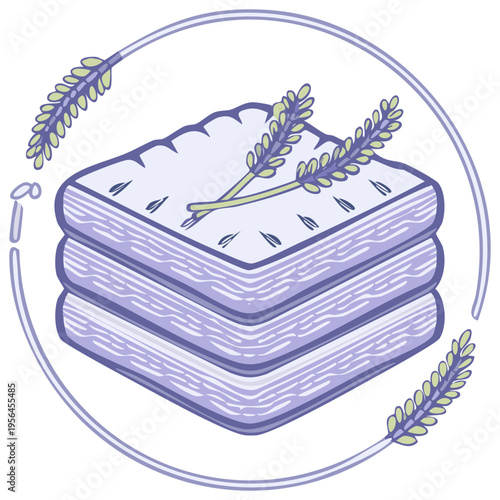 Stack of handmade soaps and lavender sprigs in a circular frame for a fresh herbal aroma