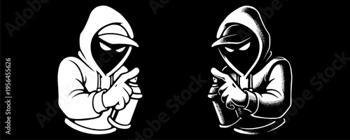 Pair of White Silhouette Graffiti Artist Mascots Facing Each Other with Bold Urban Outlines.